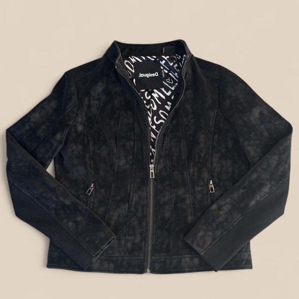 Desigual Black Faux Leather Moto Style Life is Awesome Jacket Size XL